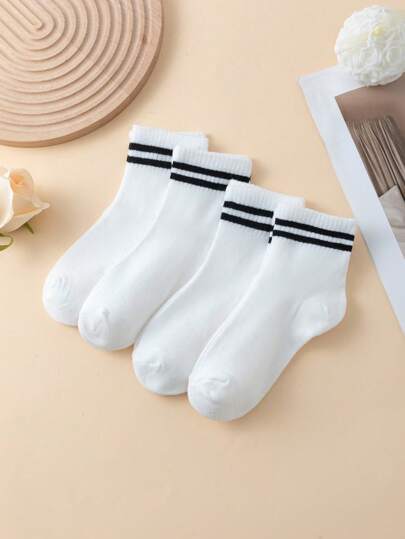 4 双儿童/学生双条纹运动袜，适合足球、篮球、休闲装、所有季节、校队风格