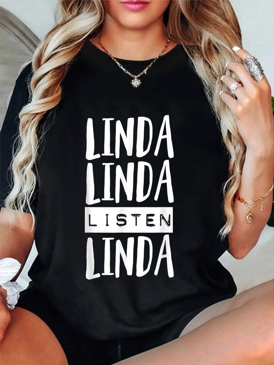 100% Cotton Linda Linda Listen Linda T-Shirt Funny Tee Gift Listen Linda T-Shirt Women T Shirt, Short Sleeve Round Neck Casual Top For Summer & Spring, Women's Clothing - 黑色 - 查看 1