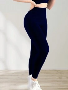Solid Wideband Waist Leggings - Navy Blue - View 2