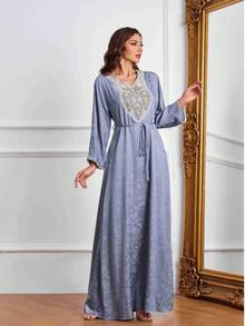 Women's Elegant Floral Printed Long Sleeve Dress, Stylish Arabic Design