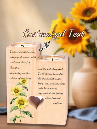 1 Piece Of Wooden Candle Holder, Customized Text, Sunflower Pattern Candle Holder, Vintage Candle Holder, Romantic Gift, No Candle, Meaningful Gift, Commemorative Gift, Customized Text, Special Gift, Acrylic Printing Design Selection, Interesting Conference Table Decoration