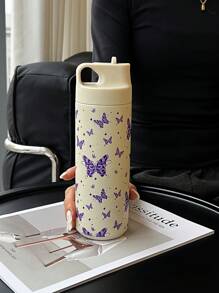 1 pezzo 500ml (16,9 once) Tazza termica a doppia parete in acciaio inox con stampa di leopardo e farfalla, con cannuccia, adatta per ufficio, all aperto, casa, auto, scuola, feste, compleanni, regali per il ritorno a scuola