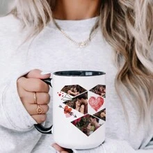 1 pièce de 11oz personnalisée avec plusieurs photos, motif d'amour, tasse à eau à fond plat et anse pleine d'amour, série de la Saint-Valentin, tasse à café en céramique, tasse à lait, réutilisable, cadeau de la Saint-Valentin pour elle, convient pour le thé de l'après-midi, la maison, le bureau