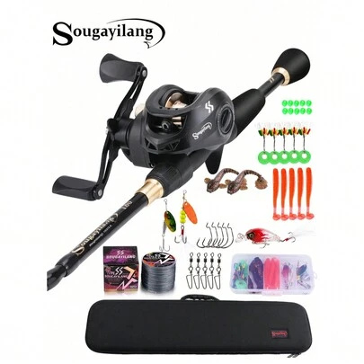 SOUGAYILANG 基础/轻便便携式钓竿套装，包括伸缩钓竿、8.1:1速比的鼓式渔线轮、彩色PE编织钓线以及软/硬饵，适用于淡水和海水垂钓。