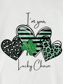 宽松女T恤 宽松女装时尚休闲心形字母三叶草短袖T恤 女装白色圆领宽松舒适休闲运动短袖T恤 女装白色上衣 女装白色短袖T恤 春夏服饰