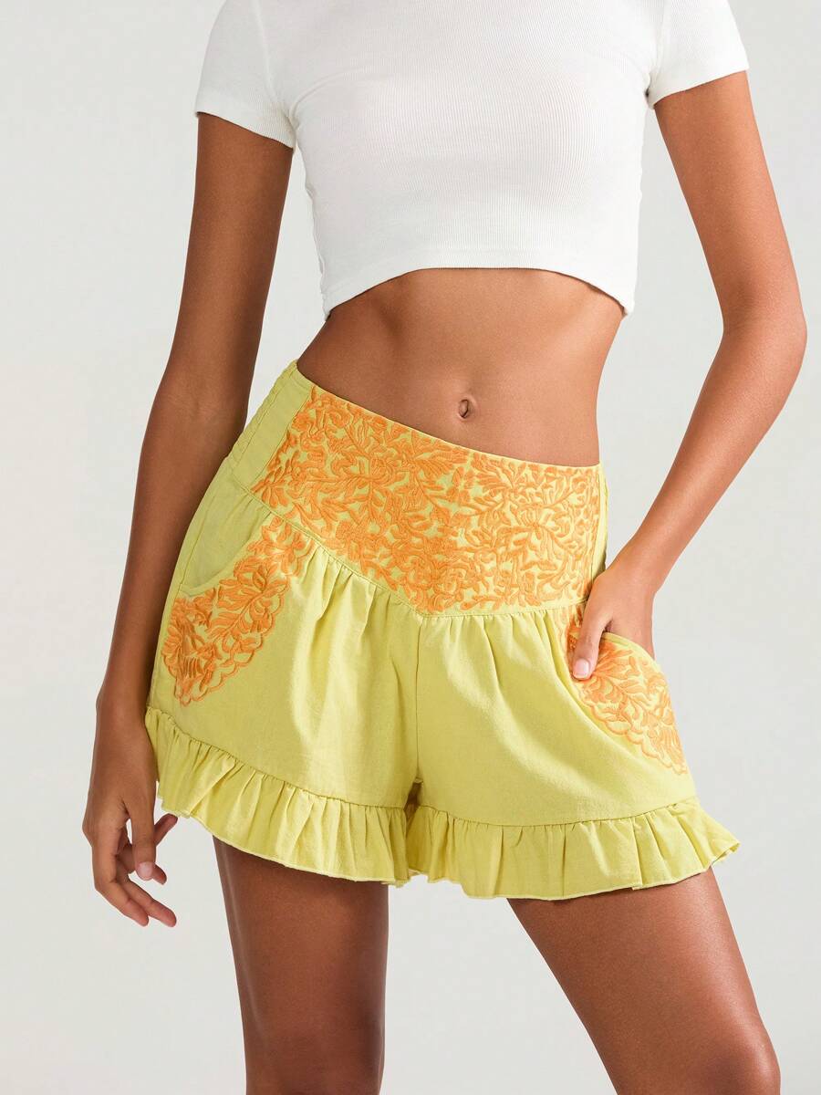 Women Shorts High Waist Flower Pleated Summer Casual Shorts Streetwear For Daily