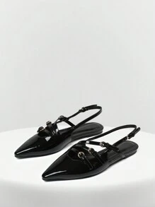 Flats For Womens Strappy Sandals Pointed Toe Flat Heel Adjustable Buckle Strap Comfy Slip On Party Wedding Casual Work Dailywear Sandals Slingback Dressy Spring Summer Shoes - 黑色 - 查看 2