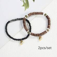 2pcs/Set Minimalist Couple Bracelets With Tiger Eye Stone, Glass Beads, Coconut Shell Heart Pendant, Valentines Gift For Boyfriend/Girlfriend - Bracelet - View 5