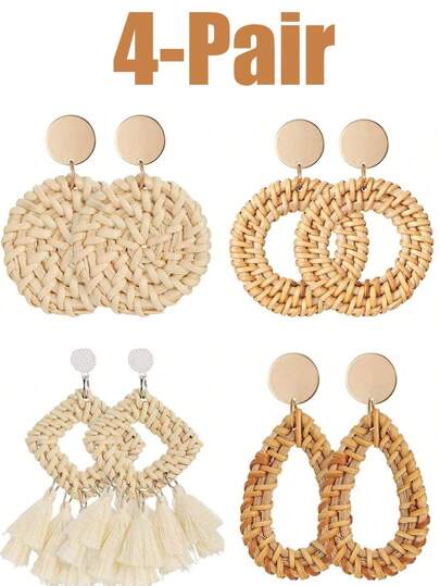 Xiacheng 1-4 对女士藤条耳环海滩必备流苏吊坠波西米亚风草编耳环