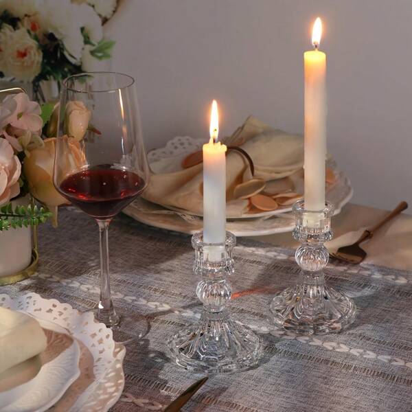 1/2 Pcs Glass Candlestick Holders- Clear Taper Stripe Candle Holders For Candlesticks, Taper Candle Holders Small Centerpiece For Wedding, Festival, Party & Windowsill Decor Gifts Birthday Graduation