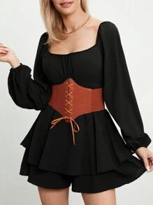 Womens Loose Shorts Jumpsuit, Solid Color Lantern Long Sleeve Square Neck Ruched Ruffled Playsuit - 黑色 - 查看 5