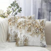 2 stuks pluche stoffen klassieke elegante decoratieve kussenslopen, ruitvormig bloemen- en zwanenpatroon, geschikt voor woonkamer en slaapkamer bank en stoelen (inzetstukken niet inbegrepen), 45x45cm