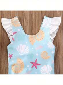 Baby Girls Summer One-Piece Swimwear Sleeveless Ruffles Shell Starfish Print Swimsuit Kids Cute Bow Backless Beachwear