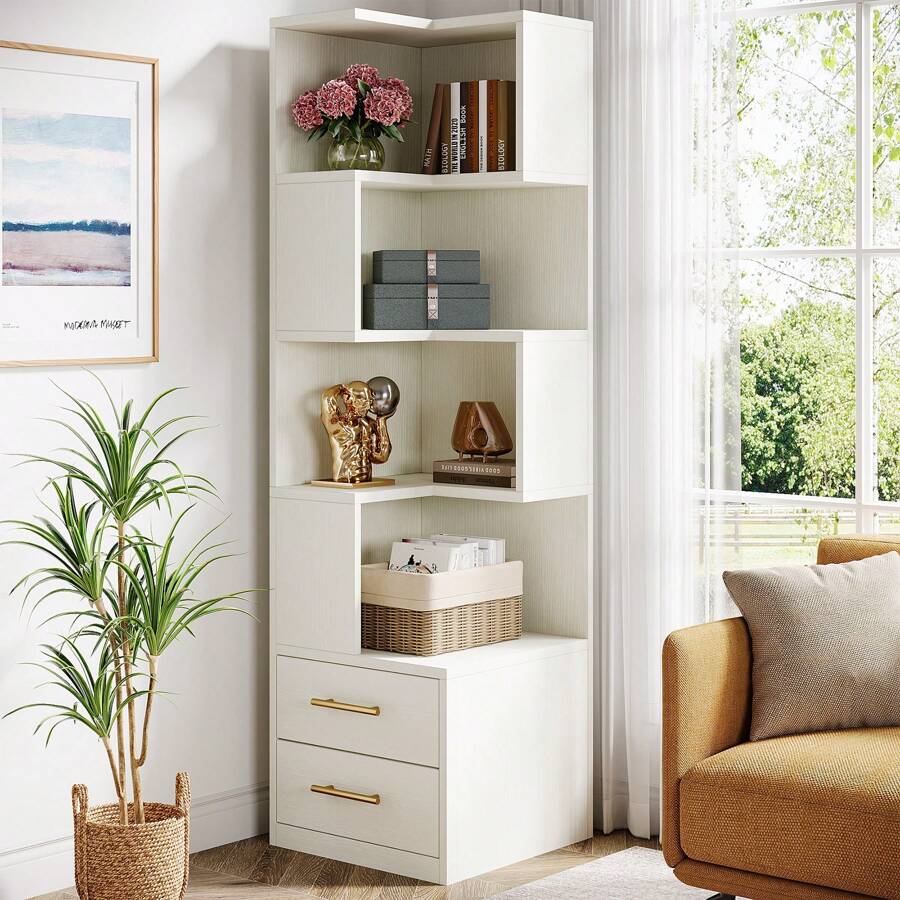 LITTLE TREE 5-Tier Corner Bookshelf With 2 Drawers, 66.9-Inch Tall Corner Bookcase Shelf, Modern Simple Corner Storage Cabinet Display Rack Shelf For Living Room, Home Office, White