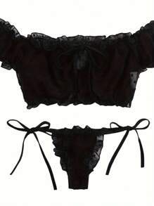 Womens Bra And Tong Lingerie Set Sexy Two Piece Tie Ruffle Trim Dobby Mesh Homewear Clothes - Black - View 1