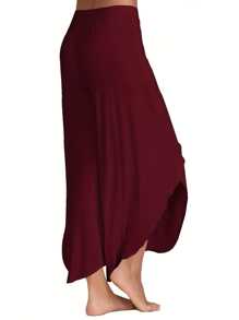 Fox Claw Plus Size Women High Slit Flowy Layered Pants Loose Yoga Wide Leg Casual Trousers - Màu Đỏ Sâu - Xem 3