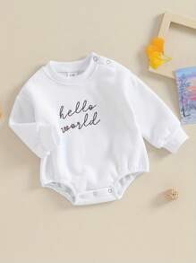 Sudadera para bebé recién nacido, niño y niña, mono de manga larga con burbujas y bordado de Hello World, mono de forro polar de gran tamaño, suéter, tops, ropa bonita para otoño e invierno - Blanco - Ver 3