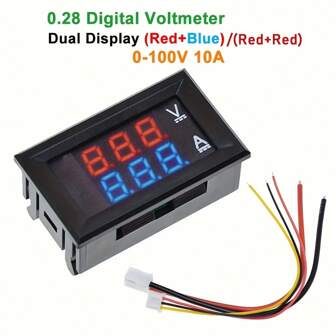 0.28" Digital Voltmeter Ammeter 0-100V 10A Amp Voltage Current Meter Tester 0.28 Inch Mini Digital Multimeter, Current Monitor Tester, Dual LED Display Panel With Connect Wires