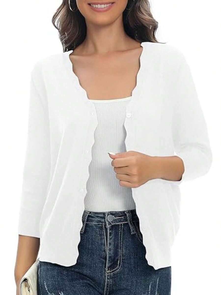 GEREARC Women's Casual Long Sleeve V-Neck Button Down Cardigan Sweater - 白色 - 查看 1