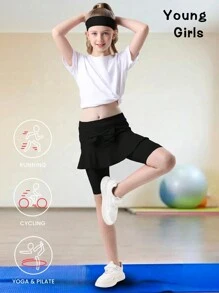 Pantalón deportivo tipo leggings con volantes de unicolor y decoración de moño para niñas preadolescentes, de gran elasticidad y cómodo para verano, perfecto para actividades casuales y deportes al aire libre - Negro - Ver 2
