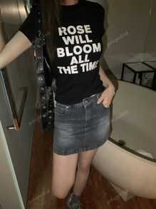 Vintage Inspired Letter Print Short Sleeve T-Shirt For Women, Stylish Fitted Top