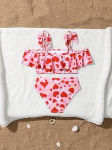 2pcs/Set Young Girl Heart Print Adjustable Shoulder Strap Swimwear & Sports Outfit, Suitable For Outdoor Summer Vacation
