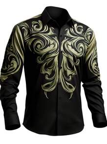 Men's New Fashion Casual Long Sleeve Shirt, Geometric Print Button-Down Collar Long Sleeve Shirt, Fashionable Casual Everyday Versatile