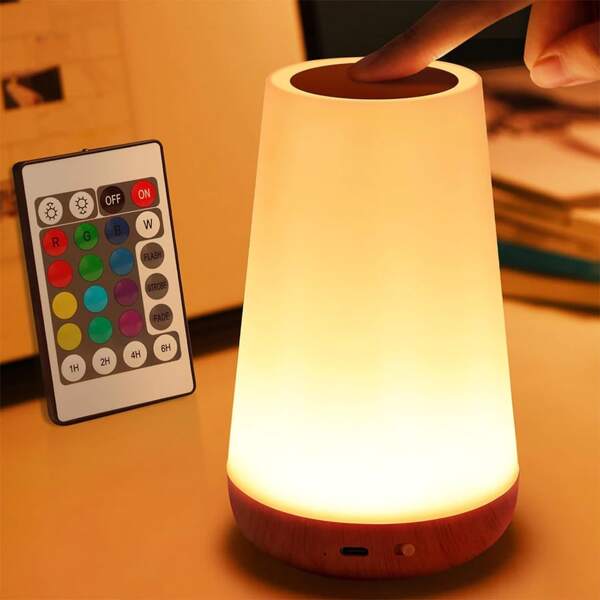 Belifou Abajur de mesa Touch Night Light - Lâmpada de cabeceira de controle remoto com sensor portátil e luz branca quente recarregável rápida USB ajustável com 13 cores RGB Abajur para sala de estar e quarto