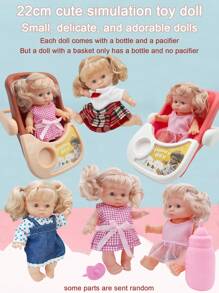 Muñeca realista miniatura de 22cm para niños, muñeca de juego informal con chupete, botella y accesorios de cesta de mano, muñeca de niña realista con ropa desmontable y cabeza giratoria 360°, regalo de cumpleaños/festividad para niñas (cada muñeca viene con 1 botella + 1 chupete, las muñecas con accesorios de cesta de mano no incluyen chupete, solo botella)