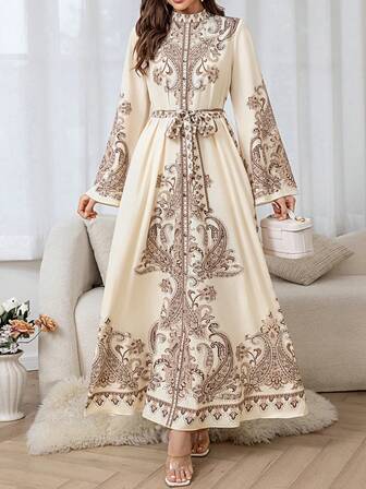 Vestido largo de muselina con estampado de paisley para resort (estampado aleatorio), Kaftán modesto