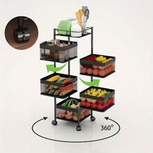 5-Tier Heavy-Duty Rotating Storage Cart With Locking Shelves & 4-Wheel Mobility - No Assembly Required Iron Rolling Cabinet, Pantry, Bathroom - Space-Saving Multi-Purpose Shelving Unit (Fruits, Vegetables, Utensils, Toiletries) - màu đen - Xem 3