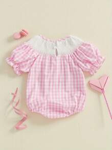 Baby Girl Short Sleeve Romper Letter Embroidered Plaid Smocked Round Neck Ruffled Summer Jumpsuits - Pink - View 3