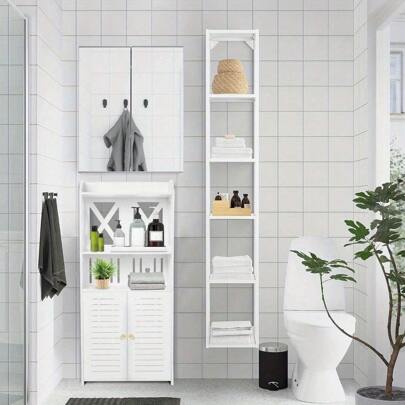 Bathroom Floor Cabinet 92x40x25cm Storage Unit With 3 Tier 2 Door Shelves White MDF Painted Wood Free Standing Cupboard