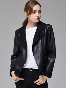 La versión coreana de la chaqueta de PU de la mujer es una chaqueta de locomotora suelta y corta - Negro - Ver 4