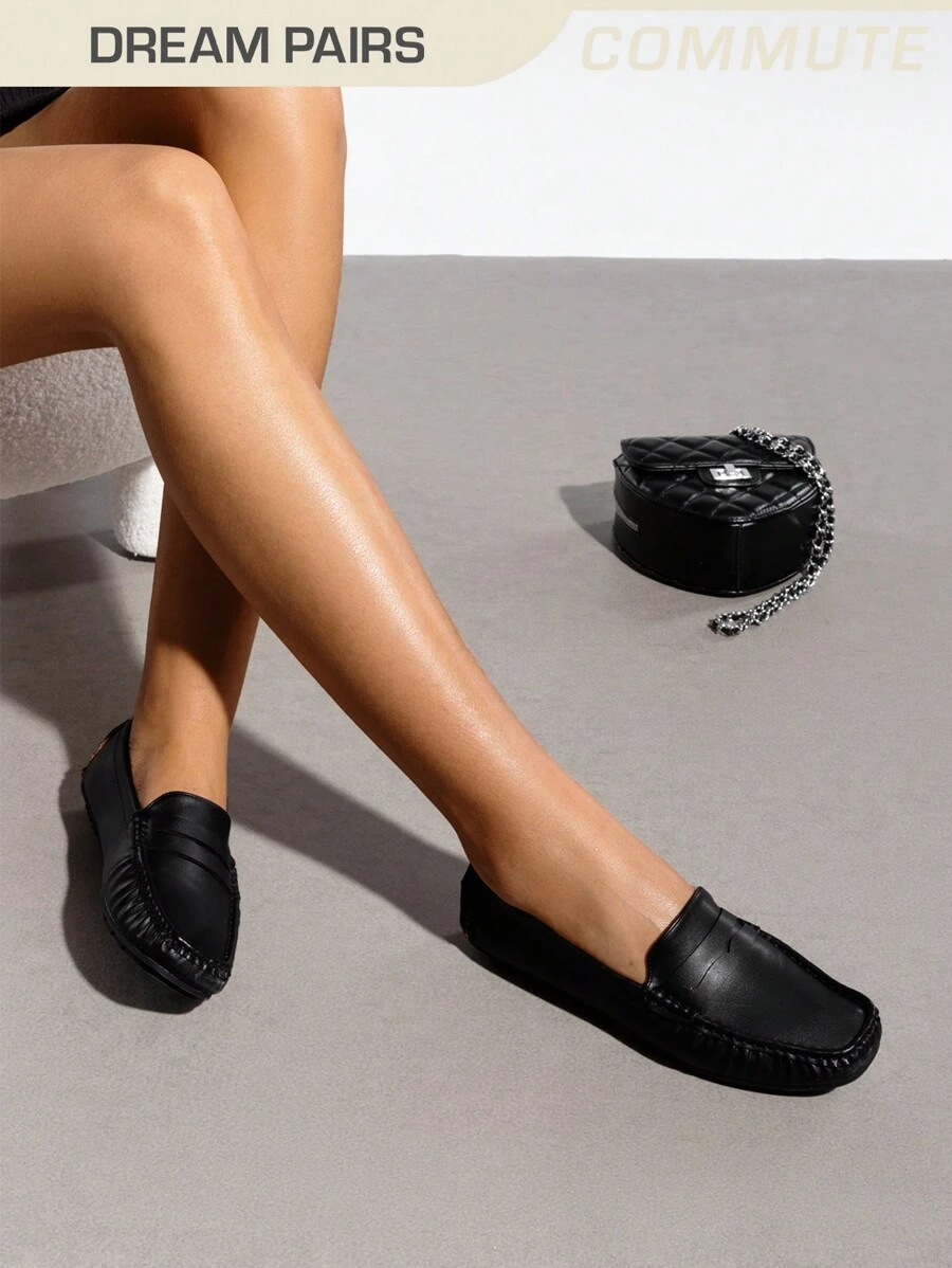 Women Penny Loafers Slip-On Moccasin Toe Dressy Casual Business Office Wear Comfortable Faux Leather Driving Loafers Shoes - màu đen - Xem 1