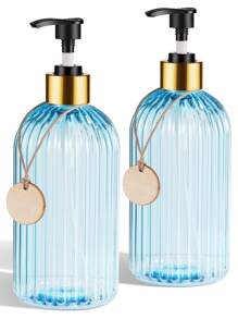 GAONLY 2 pièces Distributeur de savon bleu clair de 500 ml pour la cuisine, distributeur de savon liquide rechargeables avec pompe en bambou, distributeur de savon transparent pour la salle de bain pour le savon à vaisselle, le savon pour les mains, décoration de salle de bain maison, décoration d'automne, retour à l'école