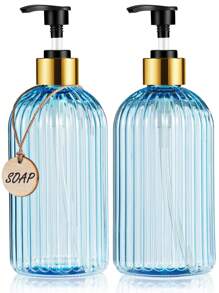 GAONLY 2 pièces Distributeur de savon bleu clair de 500 ml pour la cuisine, distributeur de savon liquide rechargeables avec pompe en bambou, distributeur de savon transparent pour la salle de bain pour le savon à vaisselle, le savon pour les mains, décoration de salle de bain maison, décoration d'automne, retour à l'école