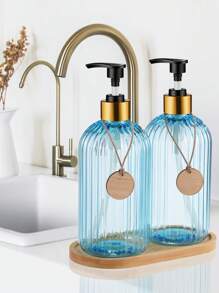 GAONLY 2 pièces Distributeur de savon bleu clair de 500 ml pour la cuisine, distributeur de savon liquide rechargeables avec pompe en bambou, distributeur de savon transparent pour la salle de bain pour le savon à vaisselle, le savon pour les mains, décoration de salle de bain maison, décoration d'automne, retour à l'école