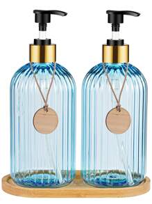 GAONLY 2 pièces Distributeur de savon bleu clair de 500 ml pour la cuisine, distributeur de savon liquide rechargeables avec pompe en bambou, distributeur de savon transparent pour la salle de bain pour le savon à vaisselle, le savon pour les mains, décoration de salle de bain maison, décoration d'automne, retour à l'école