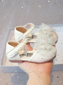 女孩亮面蝴蝶装饰舒适平底户外凉鞋 - 米色 - 查看 4