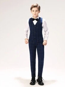 Boys Suits Grid 5-Pieces Suit Set Toddler Tuxedos Dresswear Ring Bearer Outfit Wedding Blazer Vest Pants Shirts Tie Formal Suits For Kids Navy Blue Size 6-16Y
