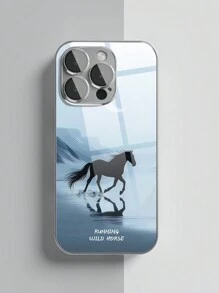 1 st. Aangepaste tekst glazen behuizing, gegalvaniseerde behuizing, compatibel met iPhone 16 Promax/16/15 Pro/14 Promax/11 Promax/12/13 Pro/7 Plus/13 Promax, rennend paardenpatroon, aangepaste tekst, koppels stijl, met cameralensbeschermer, minimalistische luxe