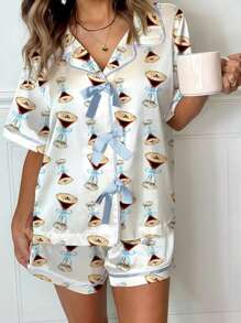 Women Cute Two Piece Pajama Set Y2K Goblet/Western Cowboy Boots/Bow Printed Short Sleeve Bow Tie Front Button Shirts Wide Leg Shorts Pjs Set Preppy Matching Lounge Sets Aesthetic Summer Casual Loungewear Martini Sleepwear Outfit - Màu xanh lam - Xem 1