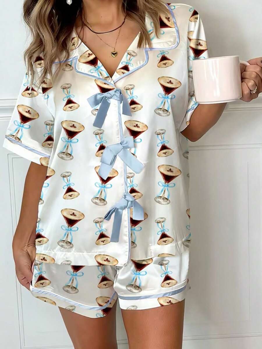 Women Cute Two Piece Pajama Set Y2K Goblet/Western Cowboy Boots/Bow Printed Short Sleeve Bow Tie Front Button Shirts Wide Leg Shorts Pjs Set Preppy Matching Lounge Sets Aesthetic Summer Casual Loungewear Martini Sleepwear Outfit - Màu xanh lam - Xem 1