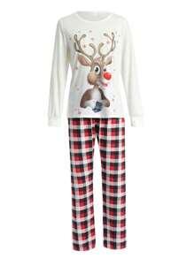 Women Christmas Pajamas Long Sleeves + Trousers Elk Pattern Festive Accessory