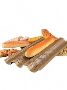 1pc Gold French Baguette Cake Mold, Perforated Bread Loaf Baking Tray, Non-Stick French Stick Bread Pan, Wavy Slot Toast Box, Baking Tool