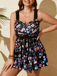 2pcs/Set Plus Size Women's Fashion Ditsy Floral Wide Strap Swimdress & Shorts Tankini Set, For Summer Beach Vacation