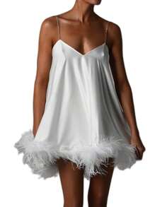 Women Fashion Mini Dress Solid Color Plush Trim V-Neck Chain Spaghetti Strap Sling Dress Summer Sleeveless Backless Party Dress - 白色 - 查看 2