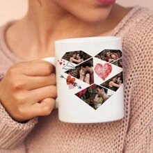 1 pièce de 11oz personnalisée avec plusieurs photos, motif d'amour, tasse à eau à fond plat et anse pleine d'amour, série de la Saint-Valentin, tasse à café en céramique, tasse à lait, réutilisable, cadeau de la Saint-Valentin pour elle, convient pour le thé de l'après-midi, la maison, le bureau