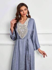 Women's Elegant Floral Printed Long Sleeve Dress, Stylish Arabic Design